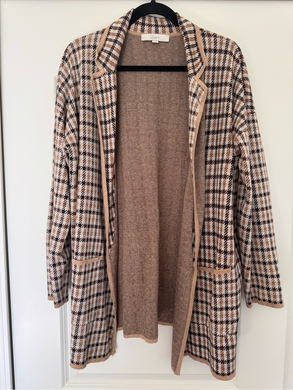 LOFT Plaid Open-Front Cardigan in Tan, Cream, Brown
